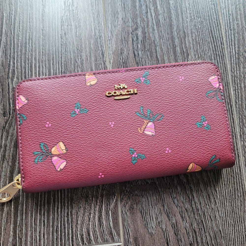 Coach Long Zip Around Wallet With Holiday Bells Print Black Cherry (NWT)